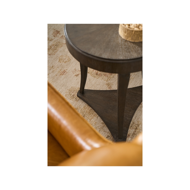 Pemberly Row Round Travertine Top Side Table in Rich Cocoa Oak