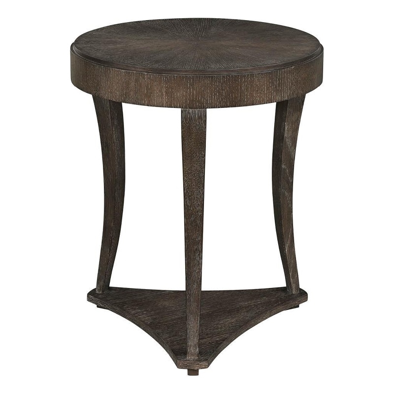 Pemberly Row Round Travertine Top Side Table in Rich Cocoa Oak