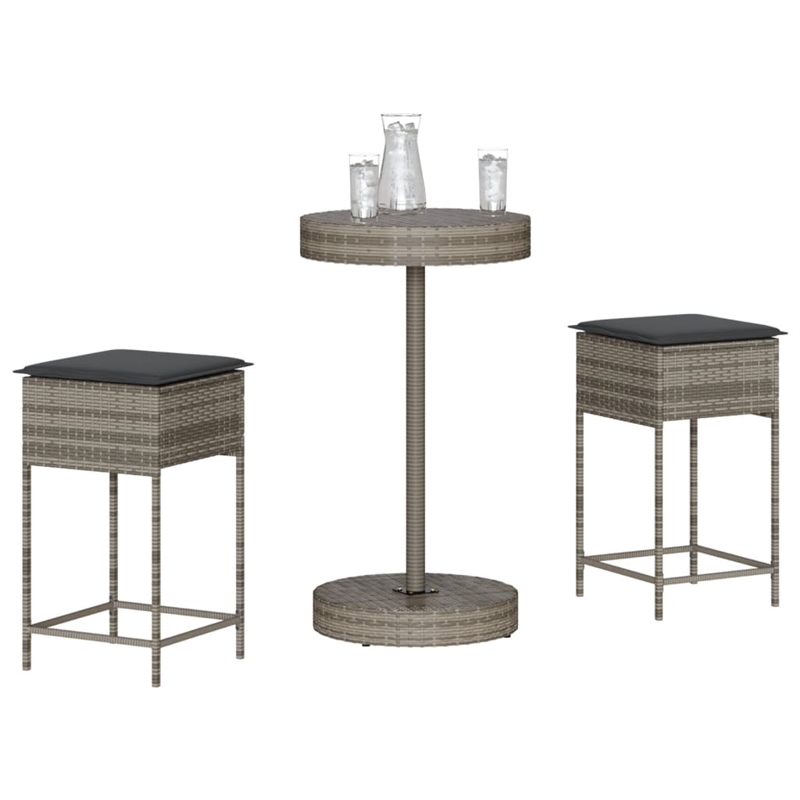 Pemberly Row 3 Piece Outdoor Patio Bar Set with Cushions in Gray