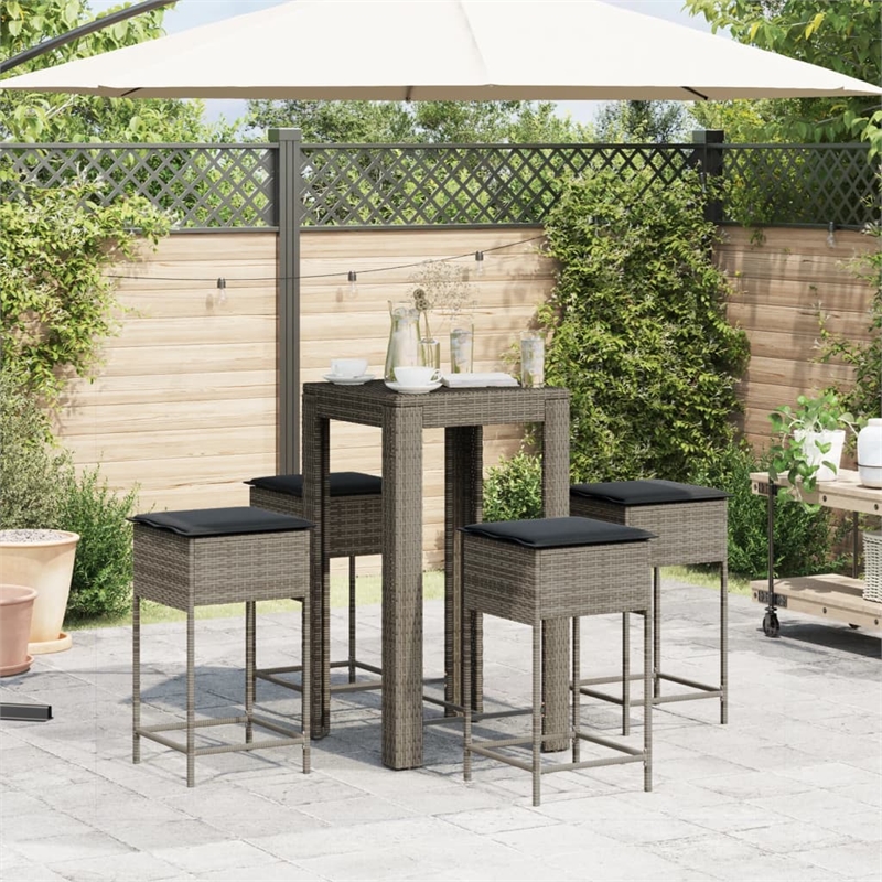 Pemberly Row Poly Rattan Outdoor Patio Bar Set with Cushions in Gray