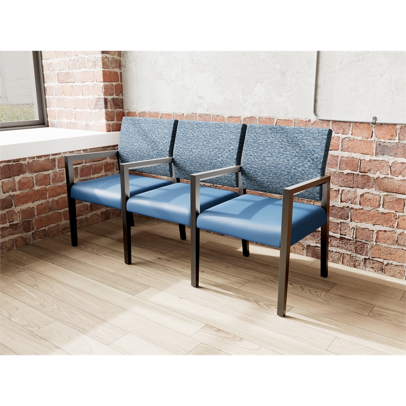 Pemberly Row Waiting Reception 3 Seat Tandem Seating Wood Frame in Blue