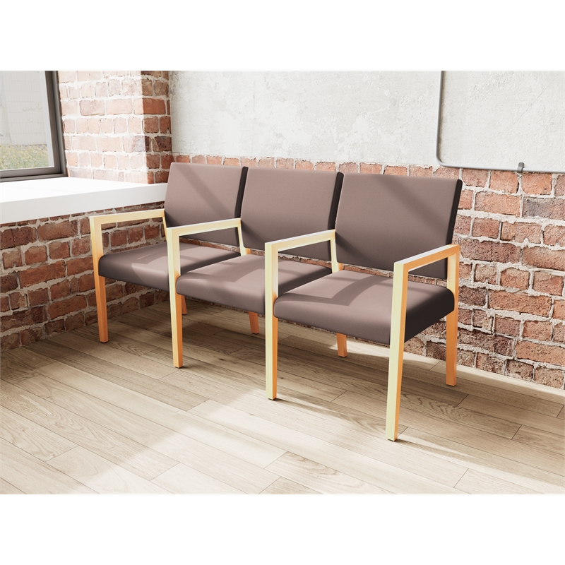 Pemberly Row Waiting Reception 3 Seat Tandem Seating Wood Frame in Brown
