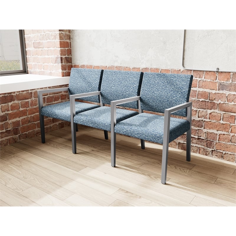 Pemberly Row Waiting Reception 3 Seat Tandem Seating Wood Frame in Blue