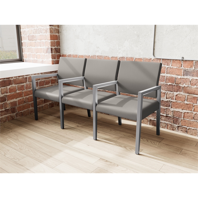 Pemberly Row Waiting Reception 3 Seat Tandem Seating Wood Frame in Gray