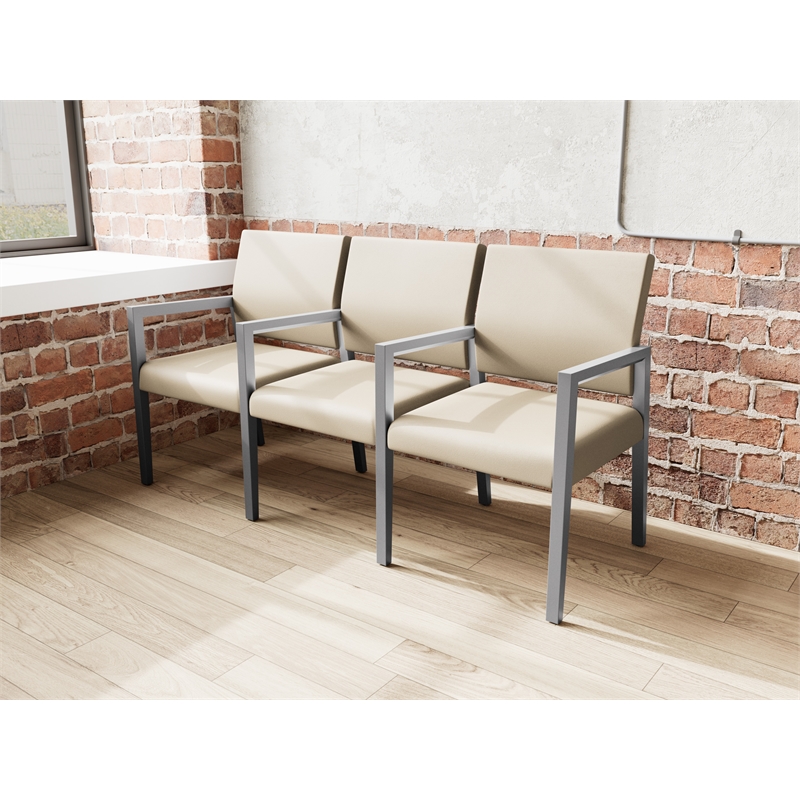 Pemberly Row Waiting Reception 3 Seat Tandem Seating Wood Frame in Brown