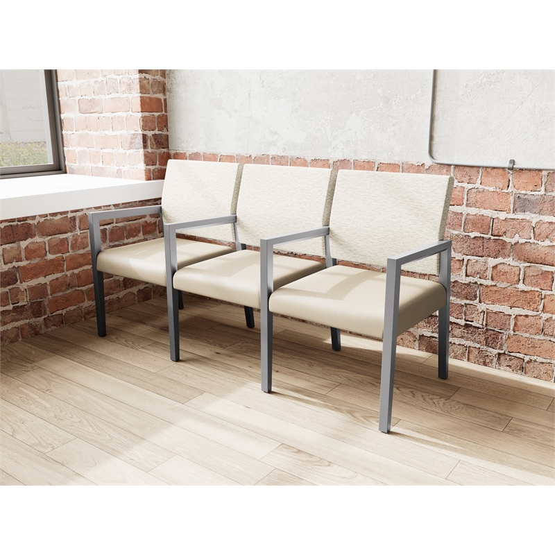 Pemberly Row Waiting Reception 3 Seat Tandem Seating Wood Frame in Brown