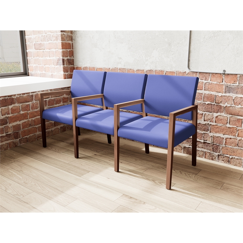 Pemberly Row Waiting Reception 3 Seat Tandem Seating Wood Frame in Blue