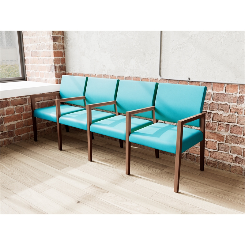 Pemberly Row Waiting Reception 4 Seat Tandem Seating Wood Frame in Teal
