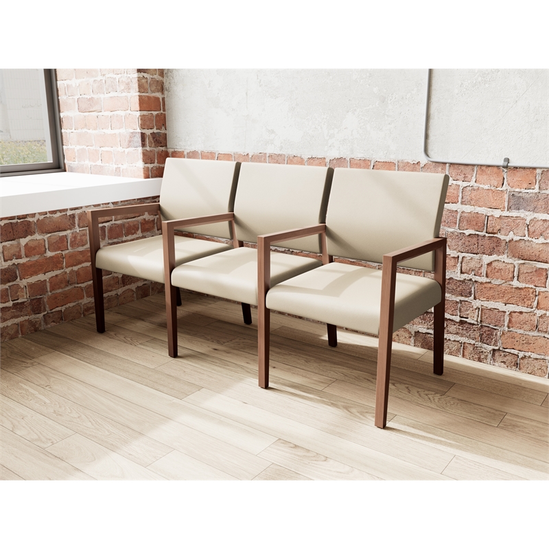 Pemberly Row Waiting Reception 3 Seat Tandem Seating Wood Frame in Brown