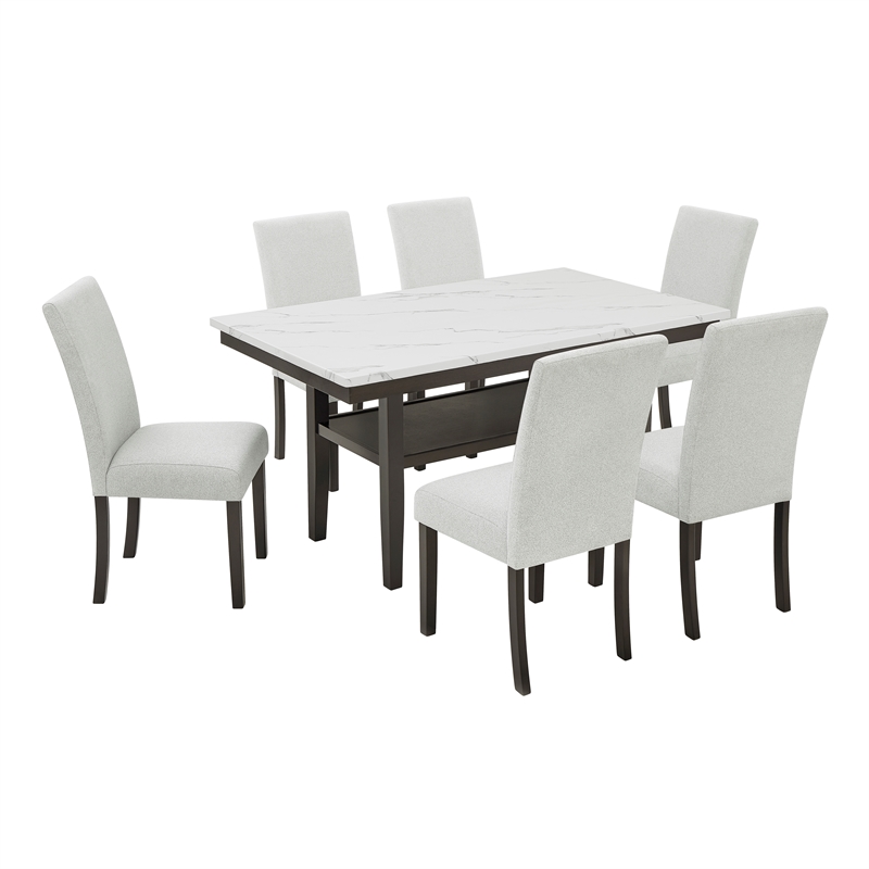 Pemberly Row Carissa 7-Piece Wood Rectangle Dining Set in Stone Gray