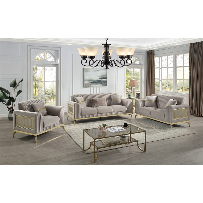 Pemberly Row Contemporary Upholstered 3 Piece Living Room Set in Taupe