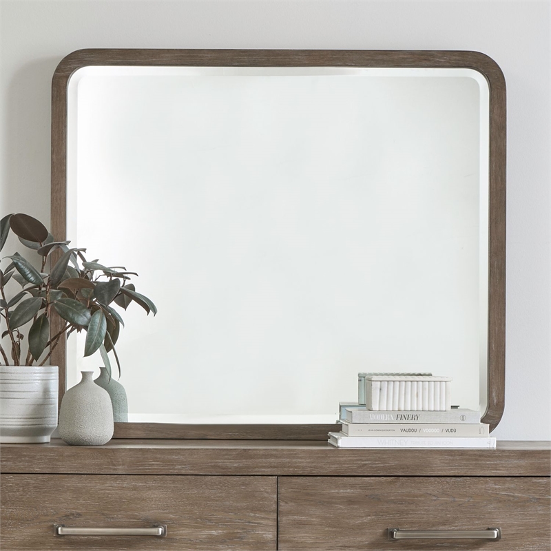 Pemberly Row Landscape Decorative Mirror with Wood Frame in Brown