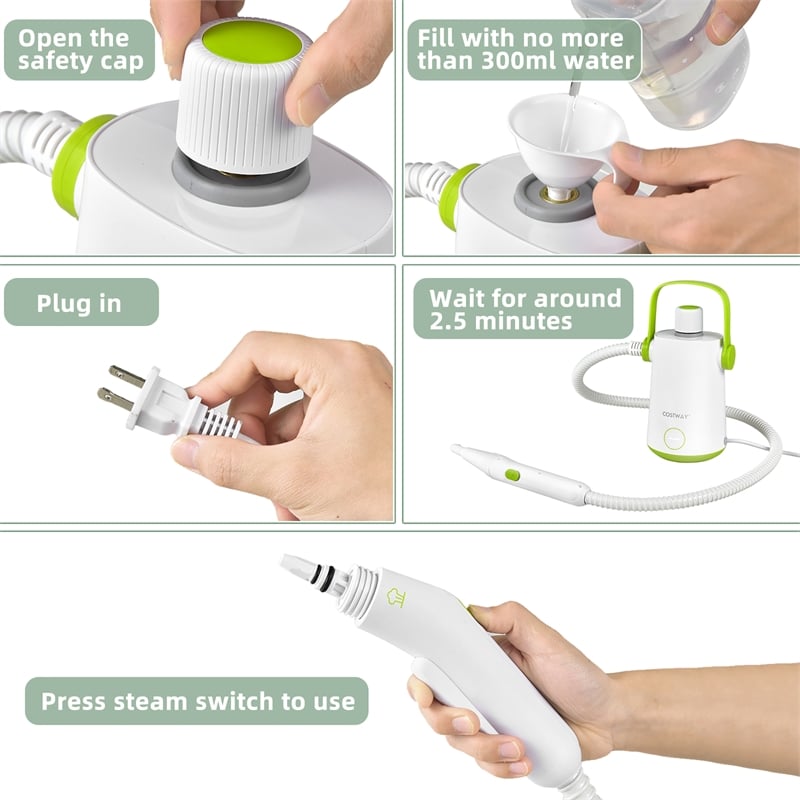 Pemberly Row 1000W Portable Handheld Steam Cleaner with 10 Accessories in Green