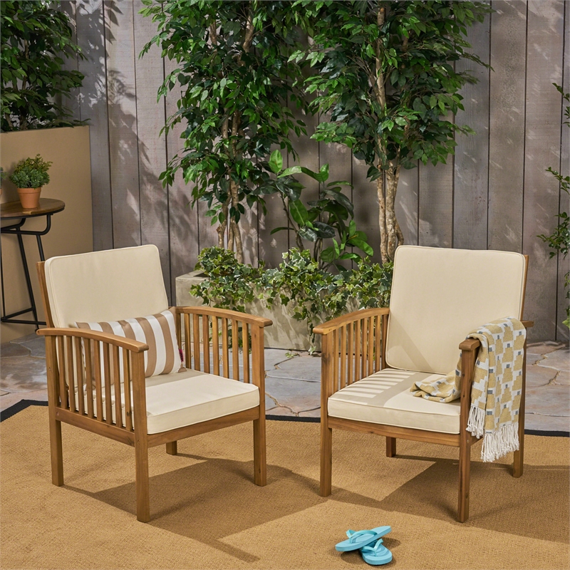Pemberly Row Acacia Wood Outdoor Club Chair with Cushions and Rope Arms