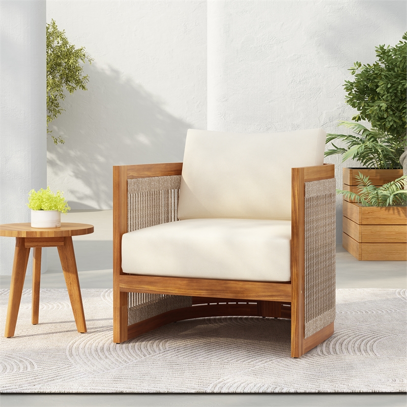 Pemberly Row Acacia Wood Outdoor Club Chair with Rope Accent with Cushions