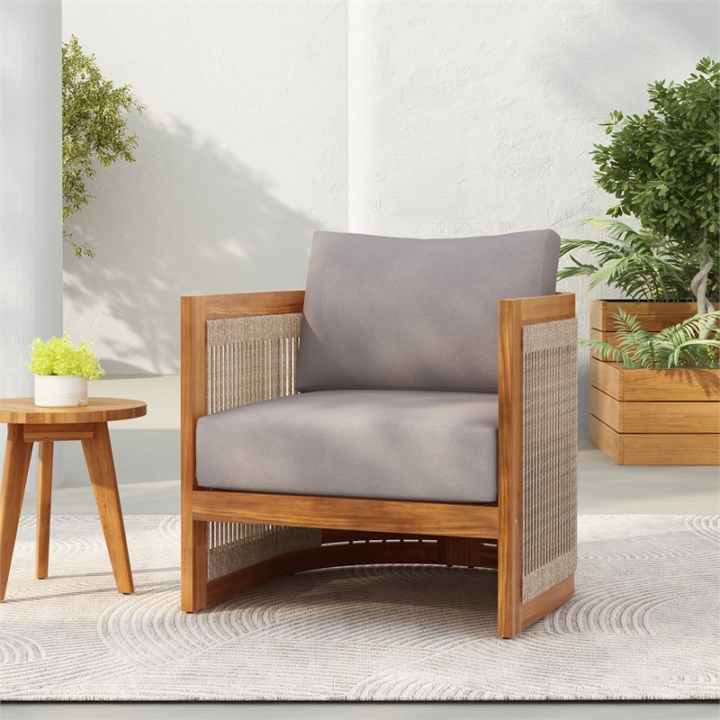Pemberly Row Acacia Wood Outdoor Club Chair with Rope Accents