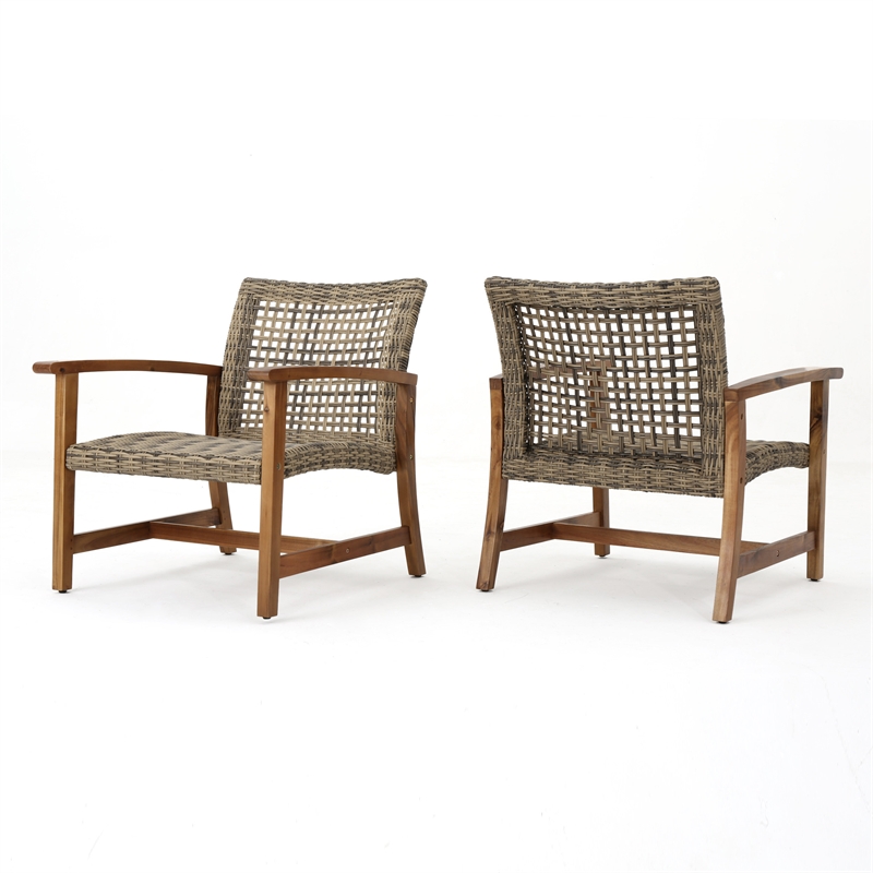 Pemberly Row Set of 2 Outdoor Acacia Wood Wicker Club Chairs with Cushions