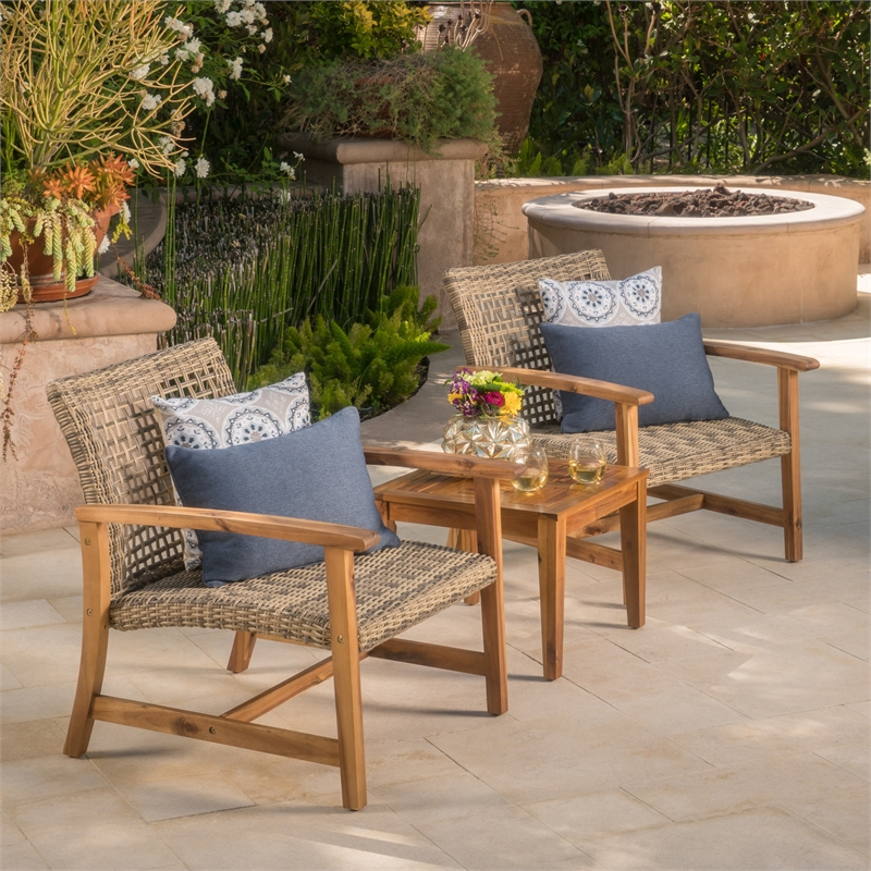 Pemberly Row Set of 2 Outdoor Acacia Wood Wicker Club Chairs with Cushions