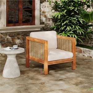 Pemberly Row Acacia Wood Outdoor Club Chair with Beige Cushions