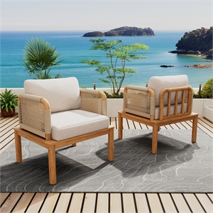 Pemberly Row Set of 2 Acacia Wood Outdoor Rope Club Chairs with Cushions