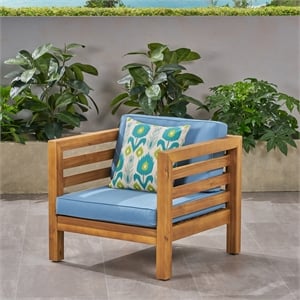Pemberly Row Modern Outdoor Wood Club Chair with Rope Accents and Cushions