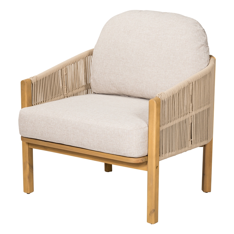 Pemberly Row Outdoor Wood Club Chair with Beige Rope Cushions