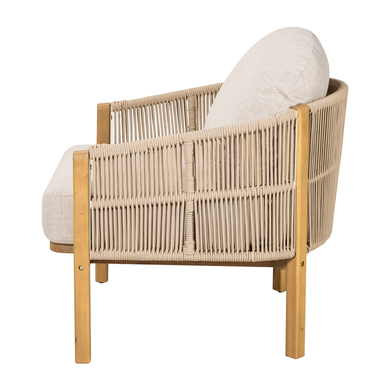Pemberly Row Outdoor Wood Club Chair with Beige Rope Cushions