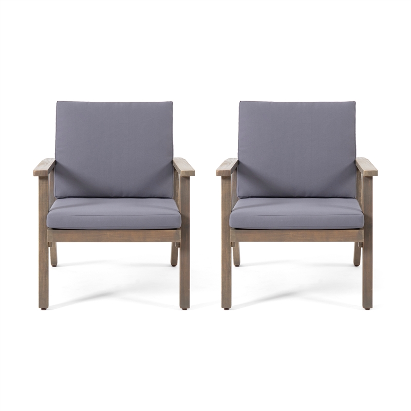 Pemberly Row Set of 2 Acacia Wood Outdoor Club Chairs with Cushions