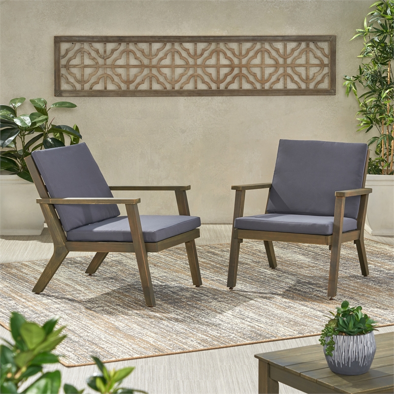 Pemberly Row Set of 2 Acacia Wood Outdoor Club Chairs with Cushions