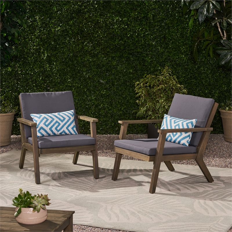 Pemberly Row Set of 2 Acacia Wood Outdoor Club Chairs with Cushions