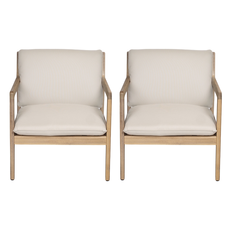 Pemberly Row Set of 2 Outdoor Acacia Wood Armchairs with Cushions