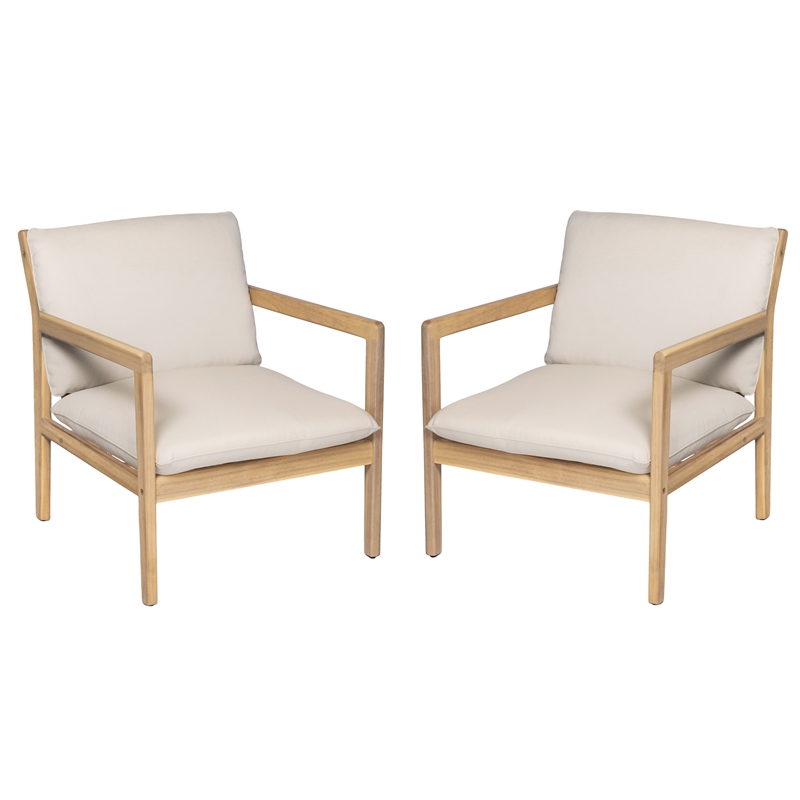 Pemberly Row Set of 2 Outdoor Acacia Wood Armchairs with Cushions
