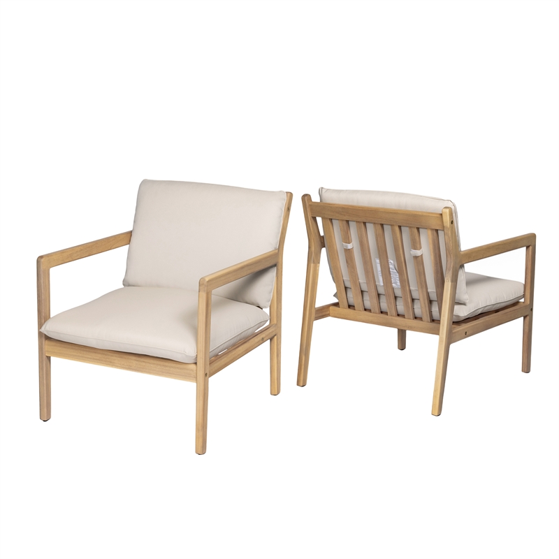 Pemberly Row Set of 2 Outdoor Acacia Wood Armchairs with Cushions