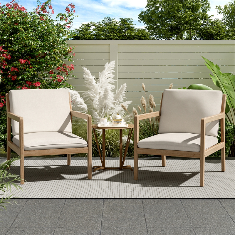 Pemberly Row Set of 2 Outdoor Acacia Wood Armchairs with Cushions