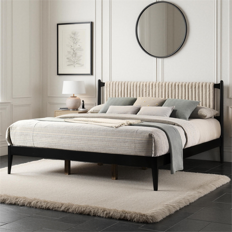 Pemberly Row Wooden King Size Platform Bed in Black and Beige