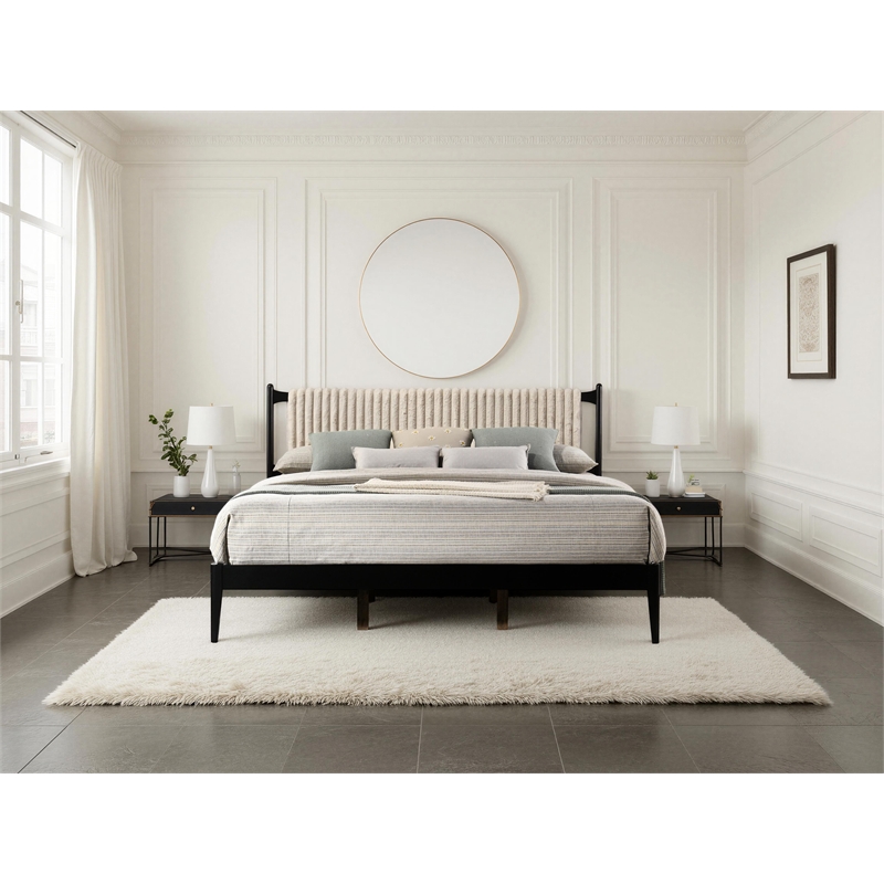 Pemberly Row Wooden King Size Platform Bed in Black and Beige