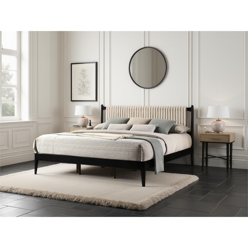 Pemberly Row Wooden King Size Platform Bed in Black and Beige