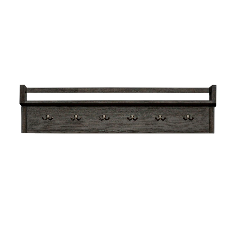 Pemberly Row Solid Wood Wall Bridge with Hooks with Storage in Brown