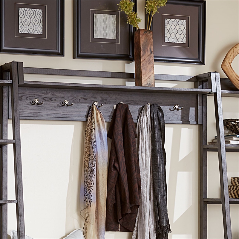 Pemberly Row Solid Wood Wall Bridge with Hooks with Storage in Brown
