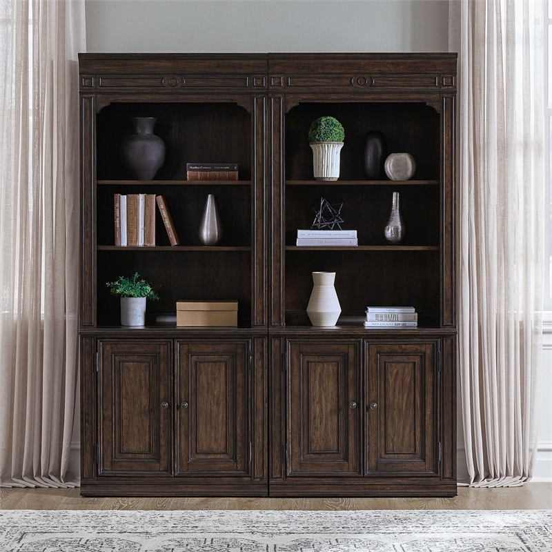 Pemberly Row Solid Wood 2 Piece Bunching Bookcase Set in Brown