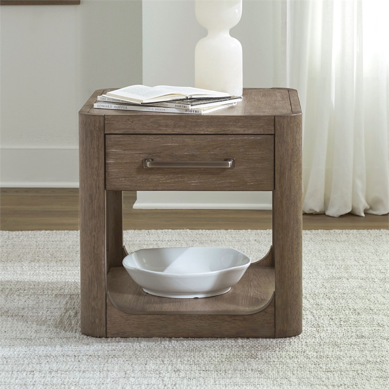 Pemberly Row Solid Wood End Table with Drawer with Shelf in Brown