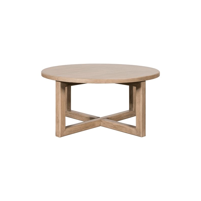 Pemberly Row Solid Wood Round Cocktail Table with Drawer in Brown