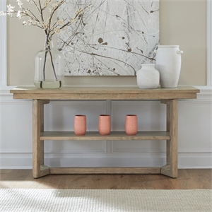 Pemberly Row Upholstered Sofa Console Table with Cushions in Brown