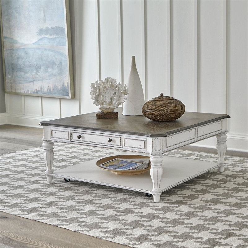 Pemberly Row Solid Wood Oversized Square Cocktail Table in White