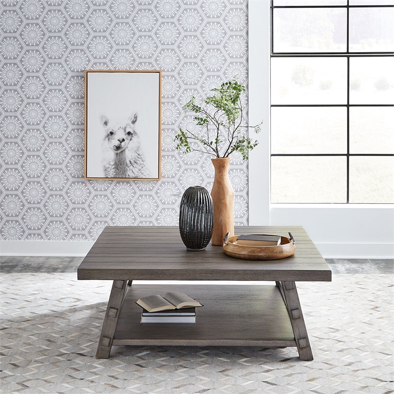 Pemberly Row Solid Wood Oversized Square Cocktail Table in Gray