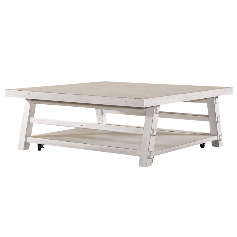 Pemberly Row Solid Wood Oversized Square Cocktail Table in White