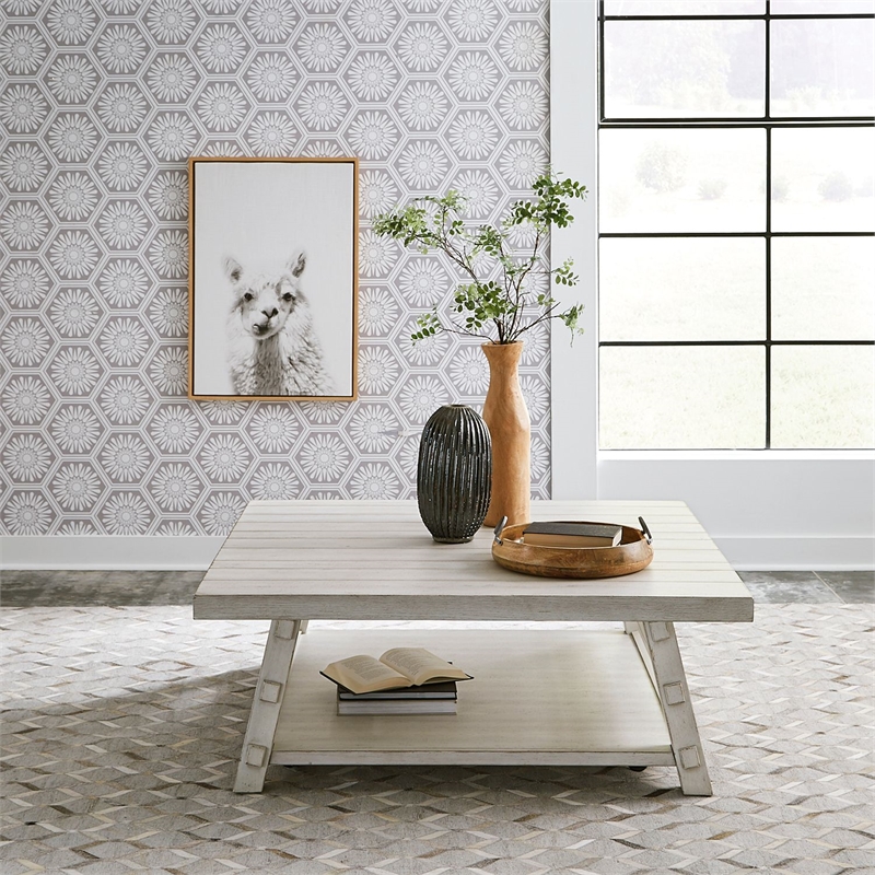 Pemberly Row Solid Wood Oversized Square Cocktail Table in White
