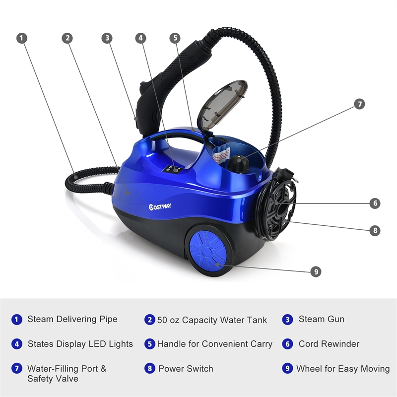 Pemberly Row 2000W Heavy Duty Steam Cleaner Mop Multipurpose in Blue