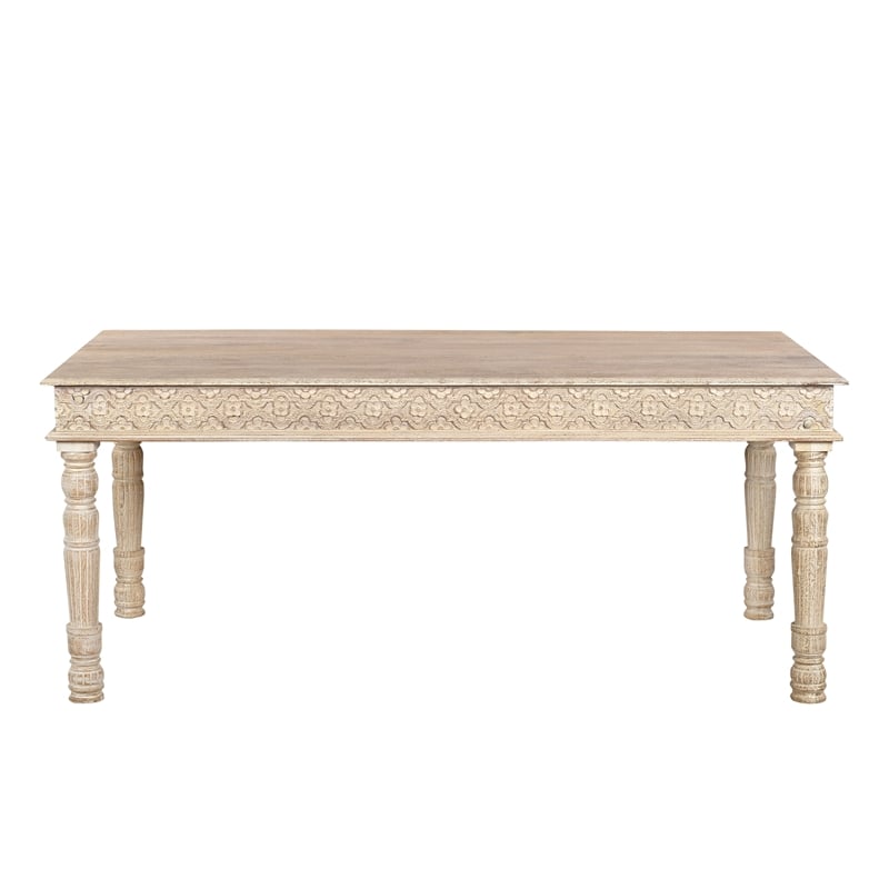 Pemberly Row Floral Carved Upholstered Solid Wood Mango 7 Pc Dining Set in White