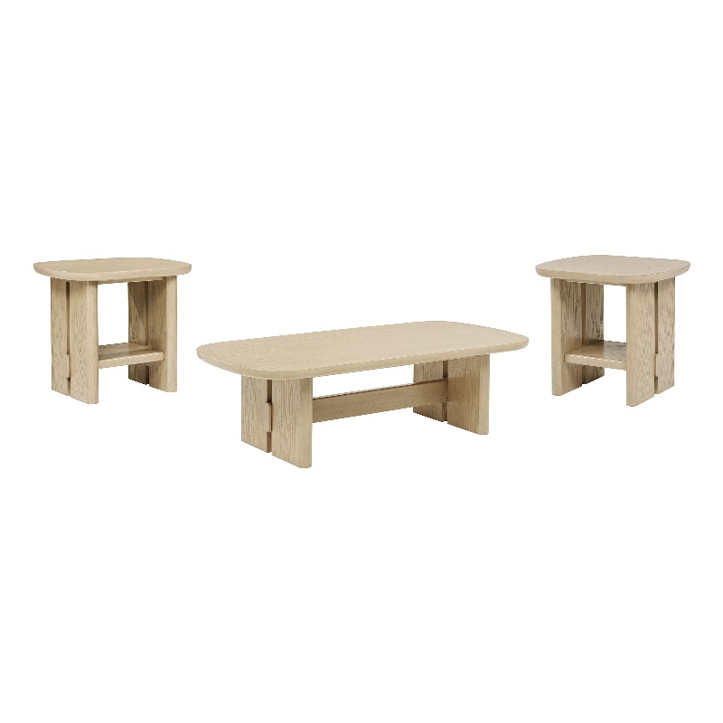 Pemberly Row 3-Piece Coastal Wood Coffee and End Table Set in Beige Oak